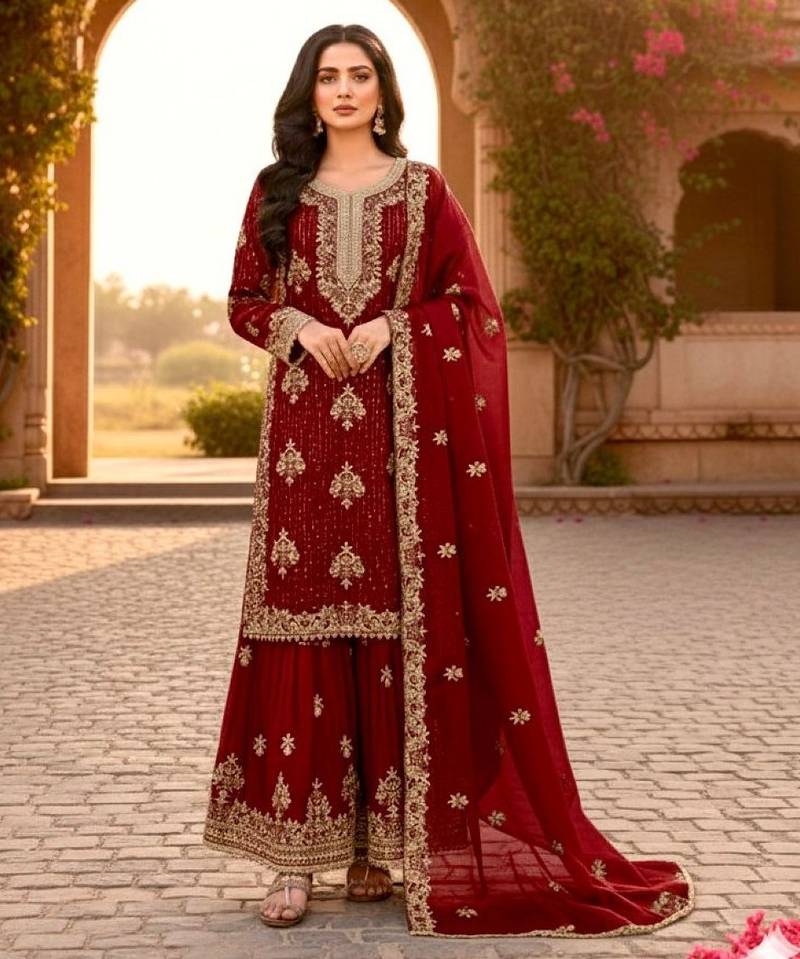 Maroon silk readymade suit with embroidery & diamond work