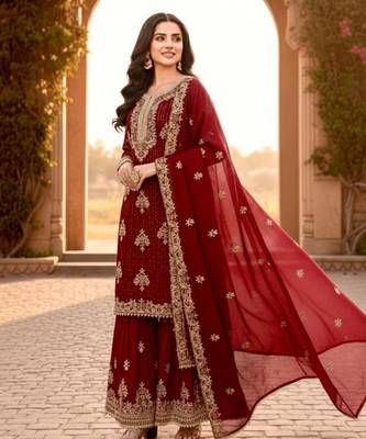 Maroon silk readymade suit with embroidered diamond  2