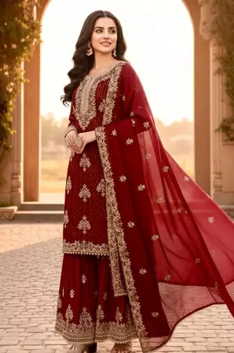 Maroon silk readymade suit with embroidery & diamond work