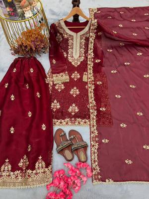 Maroon silk readymade suit with embroidered diamond  3