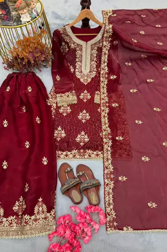 Maroon silk readymade suit with embroidery & diamond work