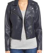 women's navy blue napa leather biker jacket classic moto zip modern