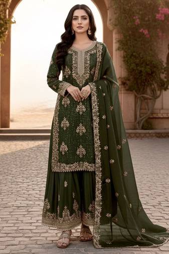 Mehendi silk readymade suit with embroidery & diamond work