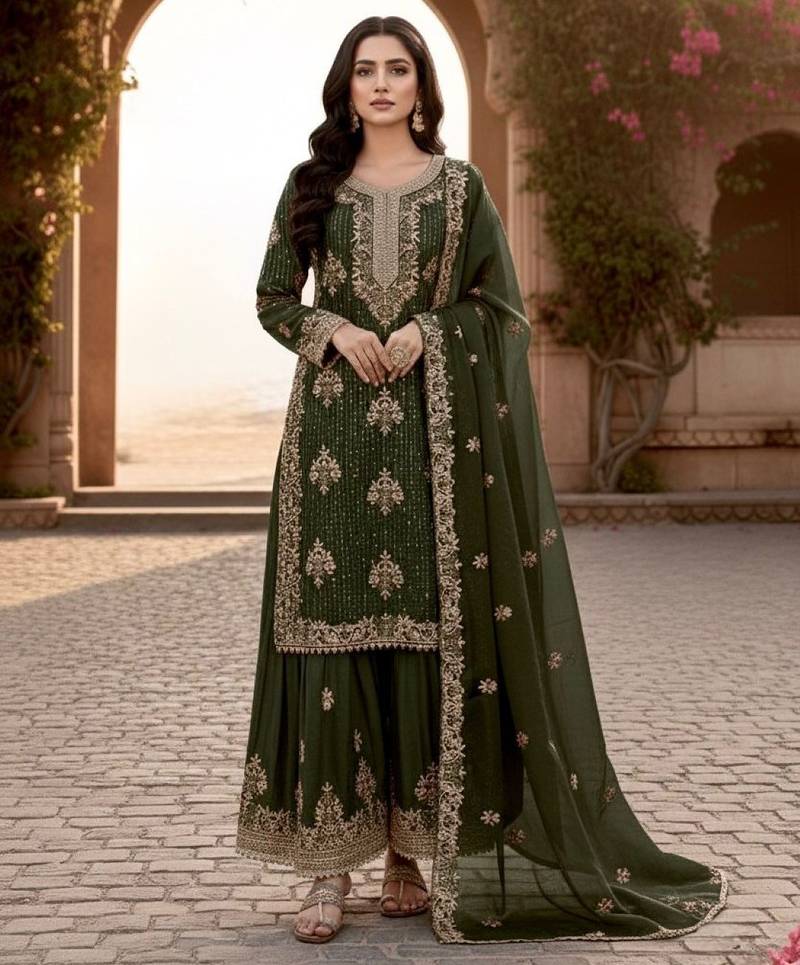 Mehendi silk readymade suit with embroidery & diamond work