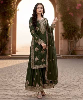 Mehendi silk readymade suit with embroidered diamond  2