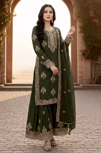 Mehendi silk readymade suit with embroidery & diamond work
