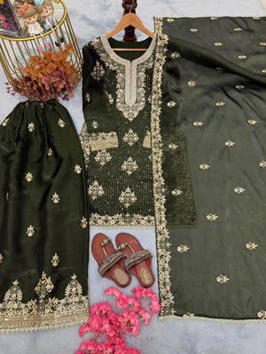 Mehendi silk readymade suit with embroidered diamond  3