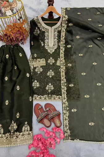 Mehendi silk readymade suit with embroidery & diamond work