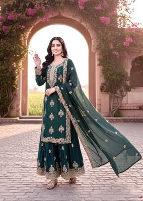 Teal blue silk readymade suit with embroidered diamond  1