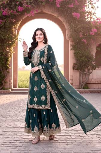 Teal blue silk readymade suit with embroidery & diamond work