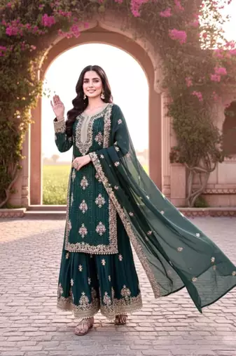 Teal blue silk readymade suit with embroidery & diamond work