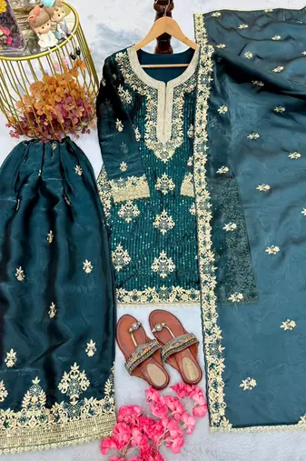 Teal blue silk readymade suit with embroidery & diamond work