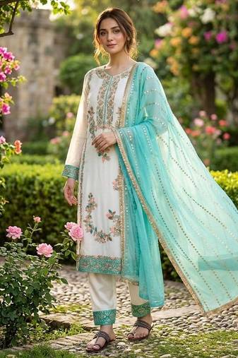 Blue & white gimmy chu readymade suit with embroidery & moti work