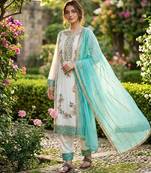 Blue & white gimmy chu readymade suit with embroidery & moti work