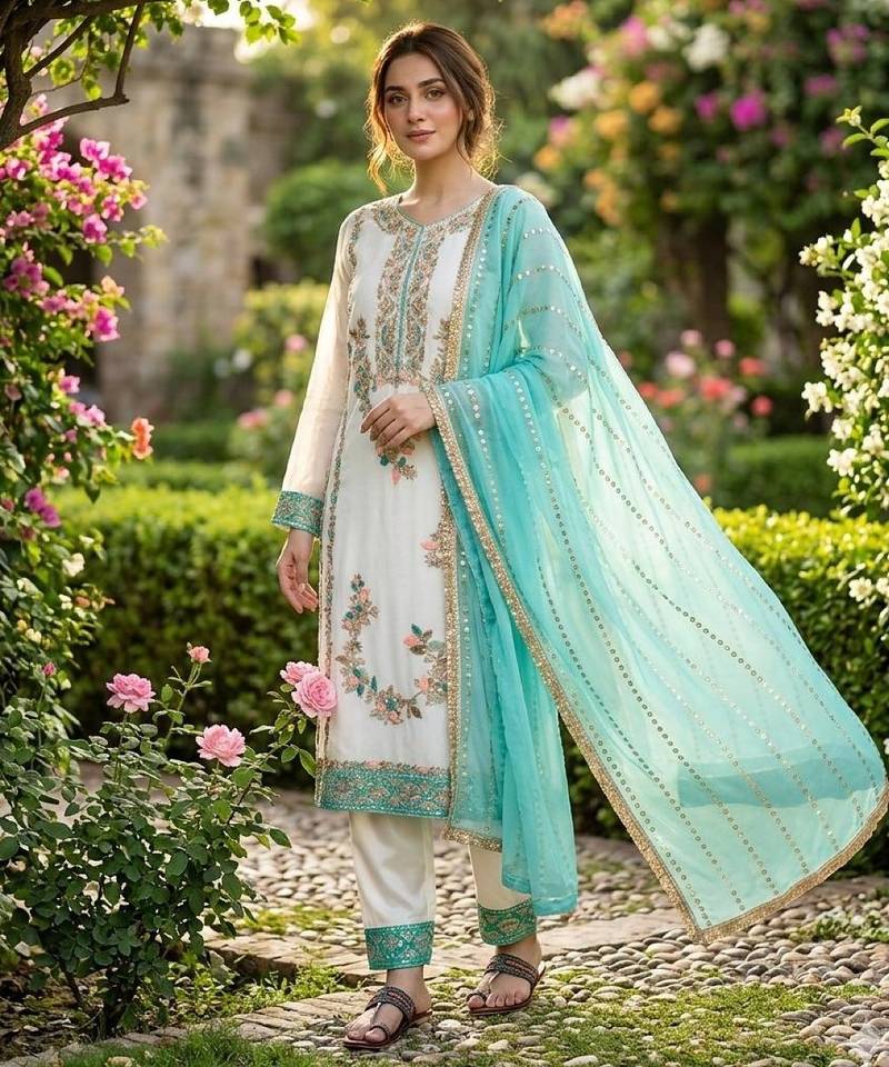 Blue & white gimmy chu readymade suit with embroidery & moti work