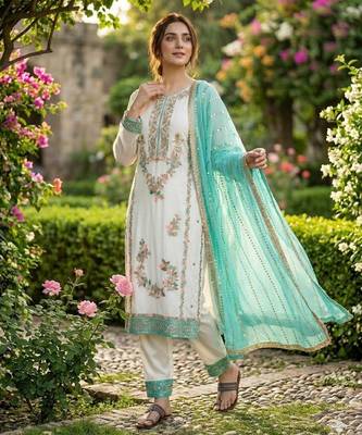 Blue & white gimmy chu readymade suit with embroidered moti  2