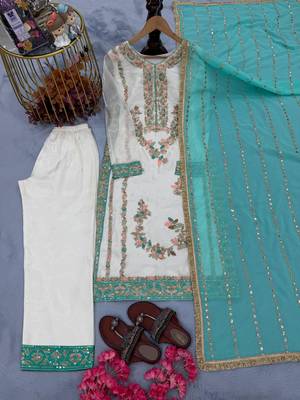 Blue & white gimmy chu readymade suit with embroidered moti  3