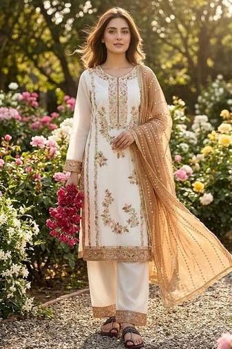 Brown & white gimmy chu readymade suit with embroidery & moti work