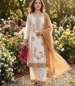 Brown & white gimmy chu readymade suit with embroidery & moti work