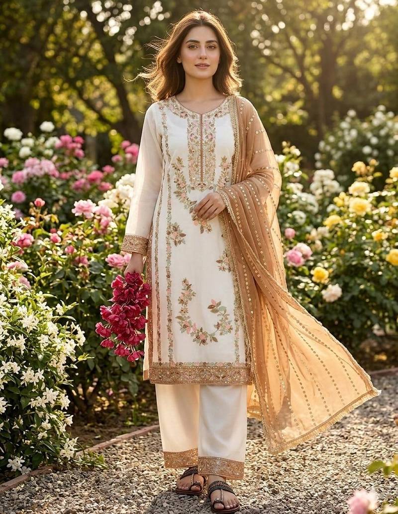 Brown & white gimmy chu readymade suit with embroidery & moti work