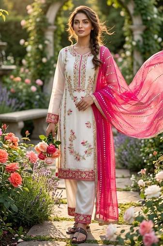 Pink & white gimmy chu readymade suit with embroidery & moti work