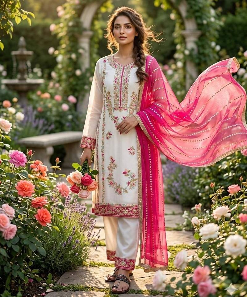 Pink & white gimmy chu readymade suit with embroidery & moti work
