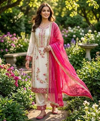 Pink & white gimmy chu readymade suit with embroidered moti  2