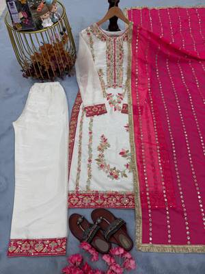 Pink & white gimmy chu readymade suit with embroidered moti  3