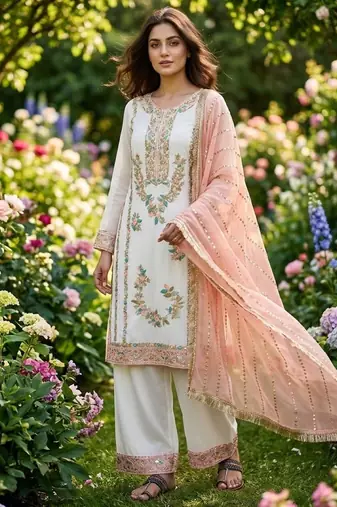 Pink & white gimmy chu readymade suit with embroidery & moti work