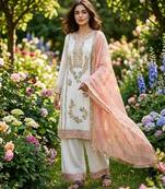 Pink & white gimmy chu readymade suit with embroidery & moti work