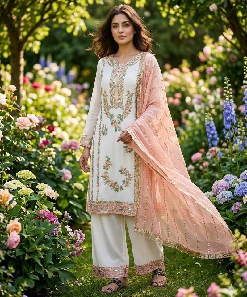 Pink & white gimmy chu readymade suit with embroidery & moti work