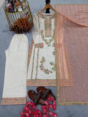 Pink & white gimmy chu readymade suit with embroidered moti  2