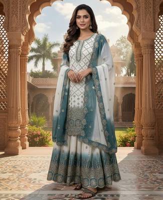 Blue & white georgette readymade suit with embroidered sequin  1
