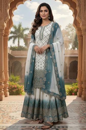 Blue & white georgette readymade suit with embroidery & sequence work