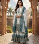 Blue & white georgette readymade suit with embroidery & sequence work