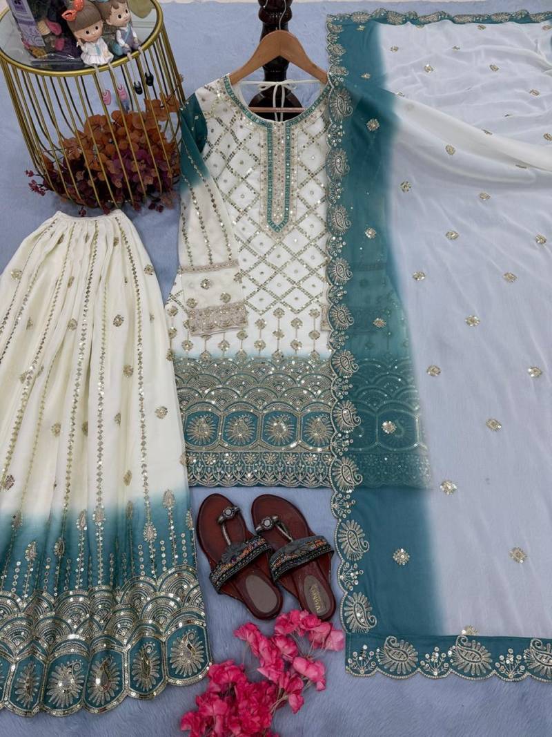 Blue & white georgette readymade suit with embroidery & sequence work