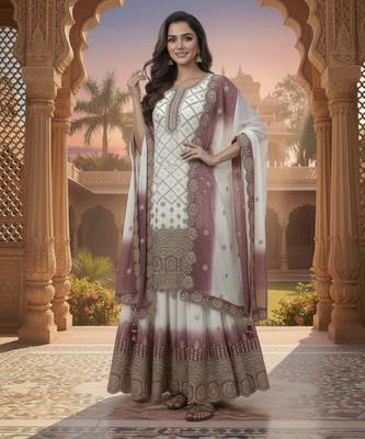 Purple & white georgette readymade suit with embroidered sequin  1