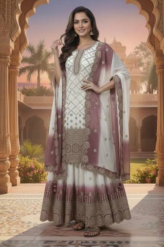 Purple & white georgette readymade suit with embroidery & sequence work