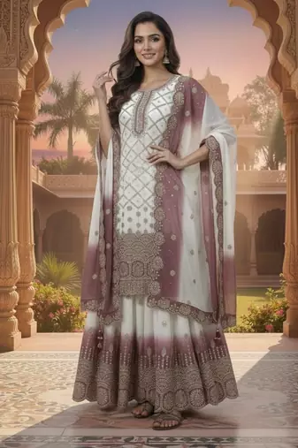 Purple & white georgette readymade suit with embroidery & sequence work