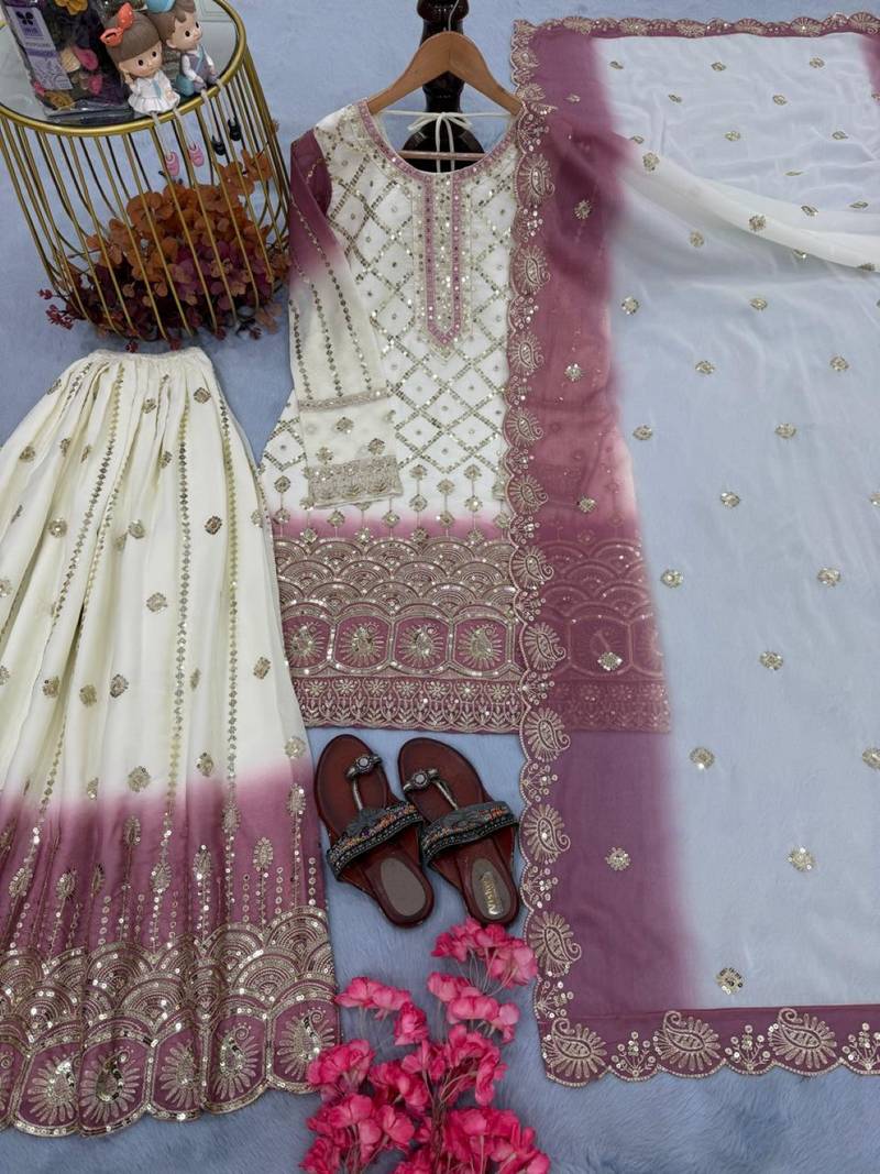 Purple & white georgette readymade suit with embroidery & sequence work