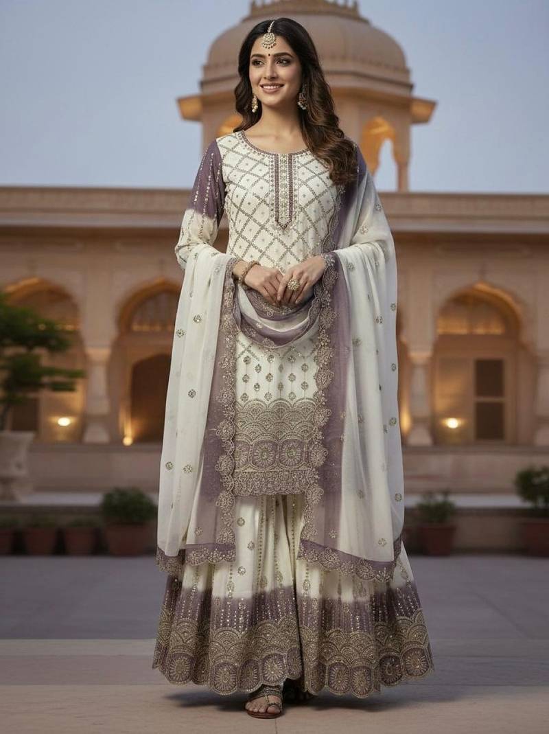 Lavender & white georgette readymade suit with embroidery & sequence work