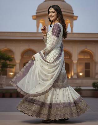 Lavender & white georgette readymade suit with embroidered sequin  2