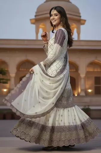 Lavender & white georgette readymade suit with embroidery & sequence work
