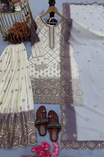 Lavender & white georgette readymade suit with embroidery & sequence work