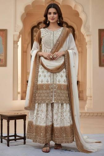 Brown & white georgette readymade suit with embroidery & sequence work