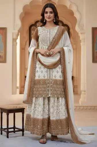 Brown & white georgette readymade suit with embroidery & sequence work