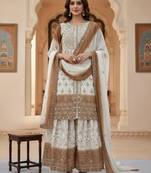 Brown & white georgette readymade suit with embroidery & sequence work