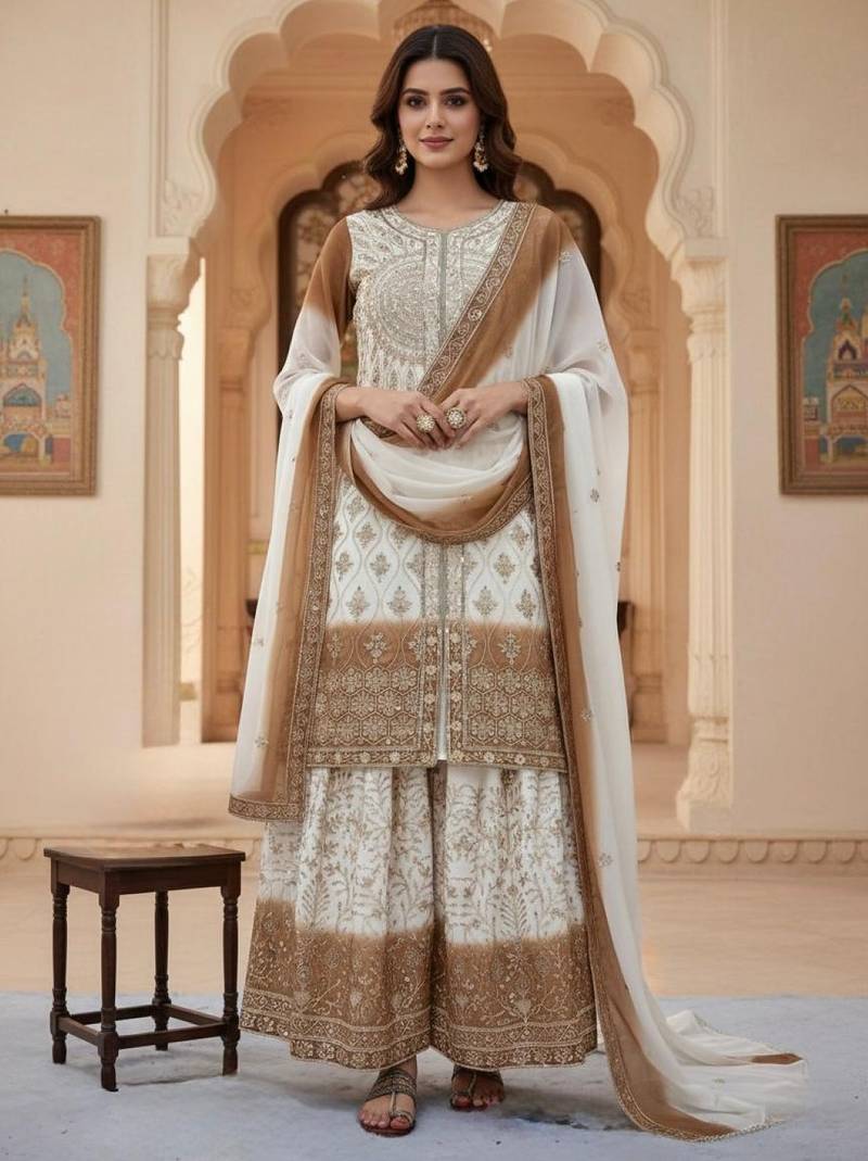 Brown & white georgette readymade suit with embroidery & sequence work
