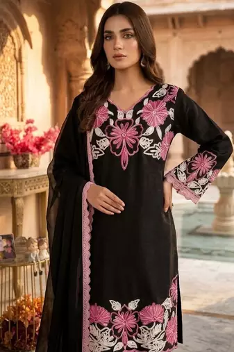 Black silk readymade suit with thread embroidery work