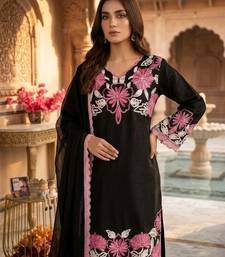 Black silk readymade suit with thread embroidery work